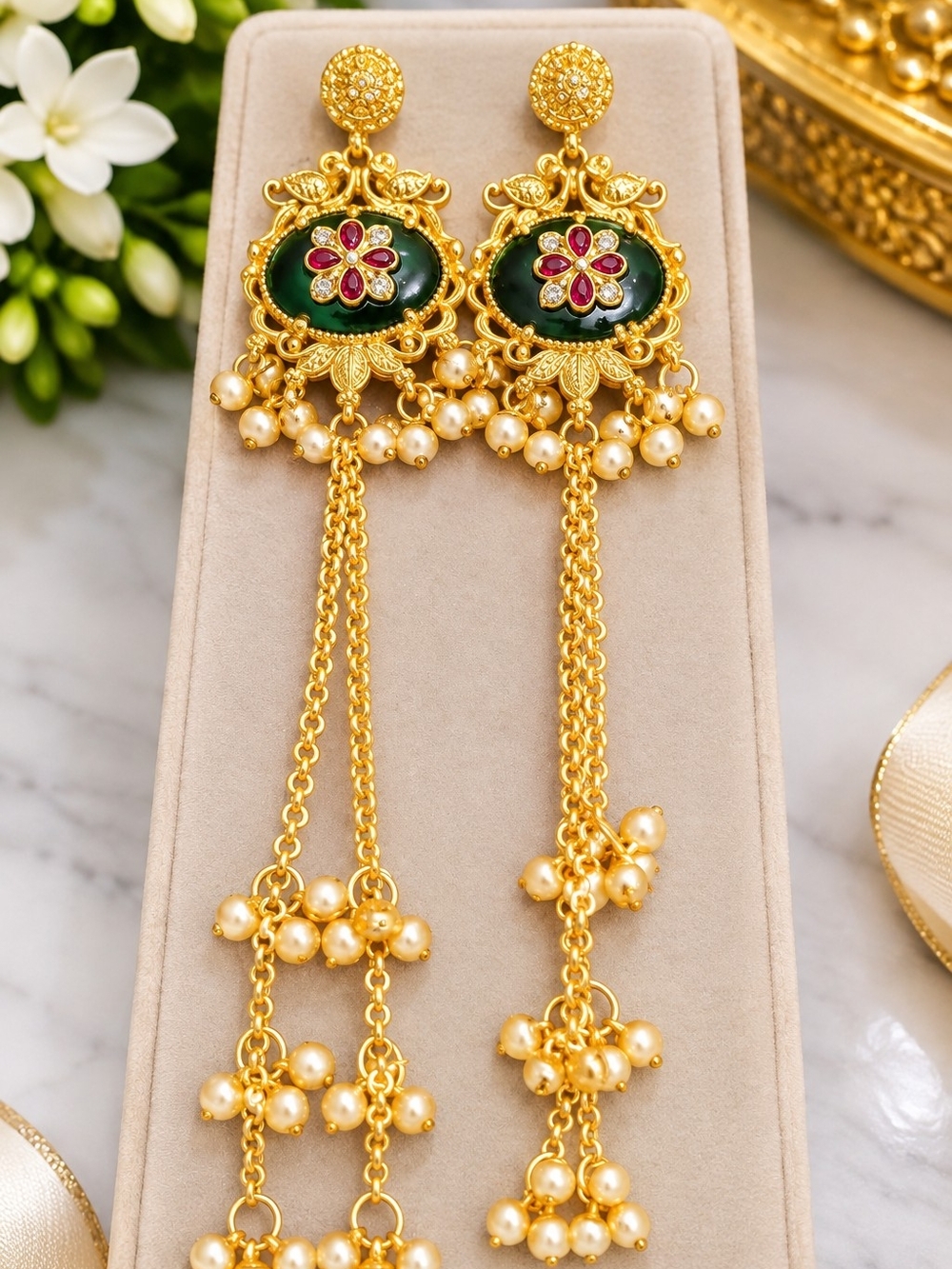 Gold-Tone Green & Pearl Floral Drop Earrings